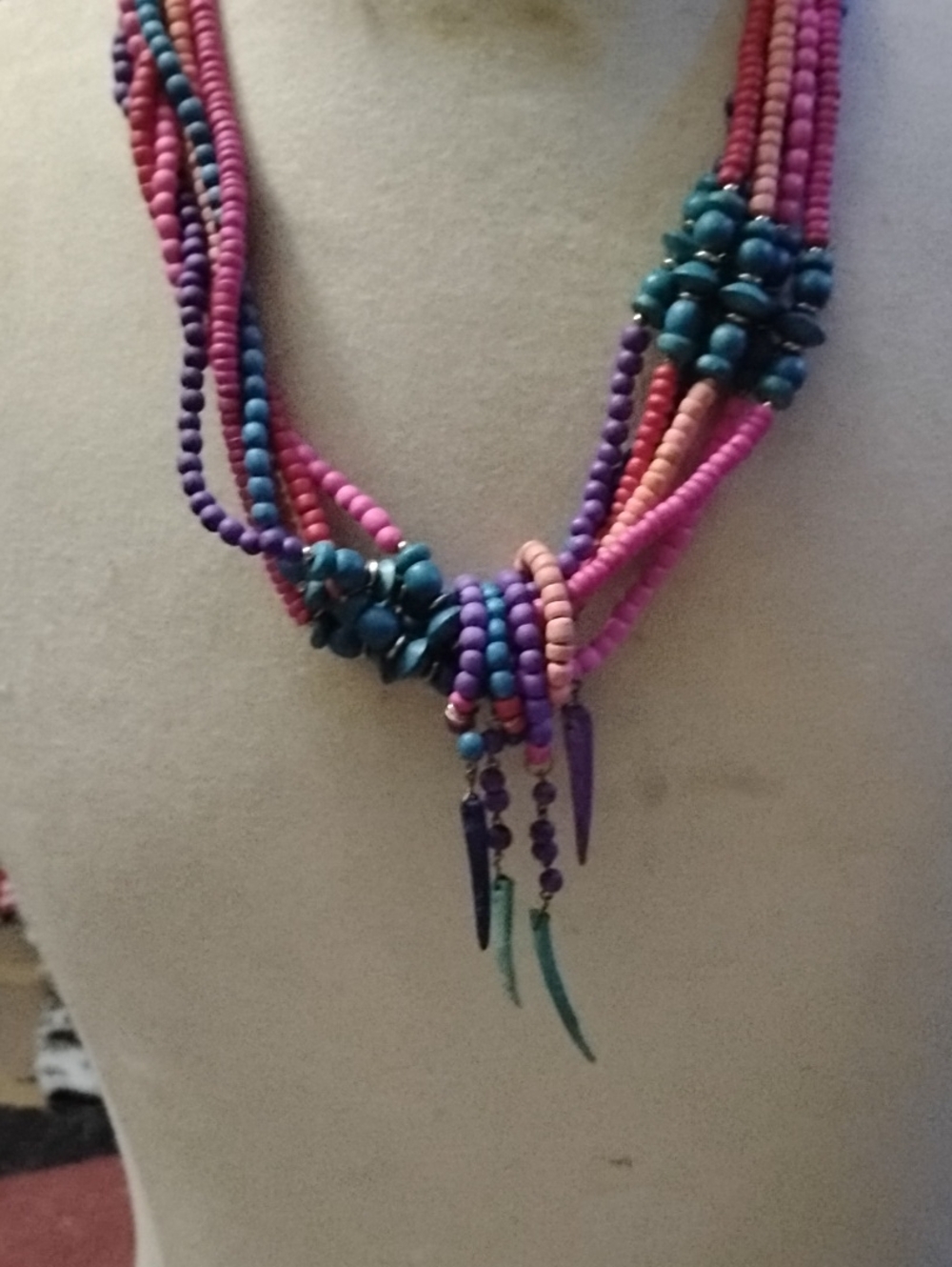 Source Unknown Pink Purple and Teal Multistrand Beaded Necklace
